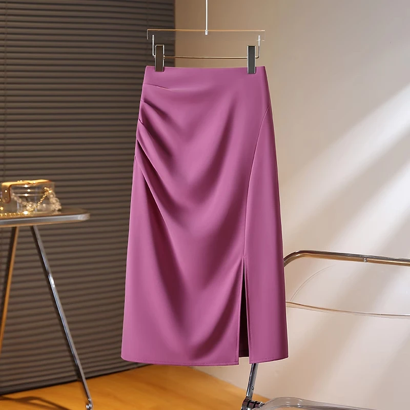 拉夏贝尔褶皱开叉半身裙女2025夏款高腰设计感A字西装包臀一步裙