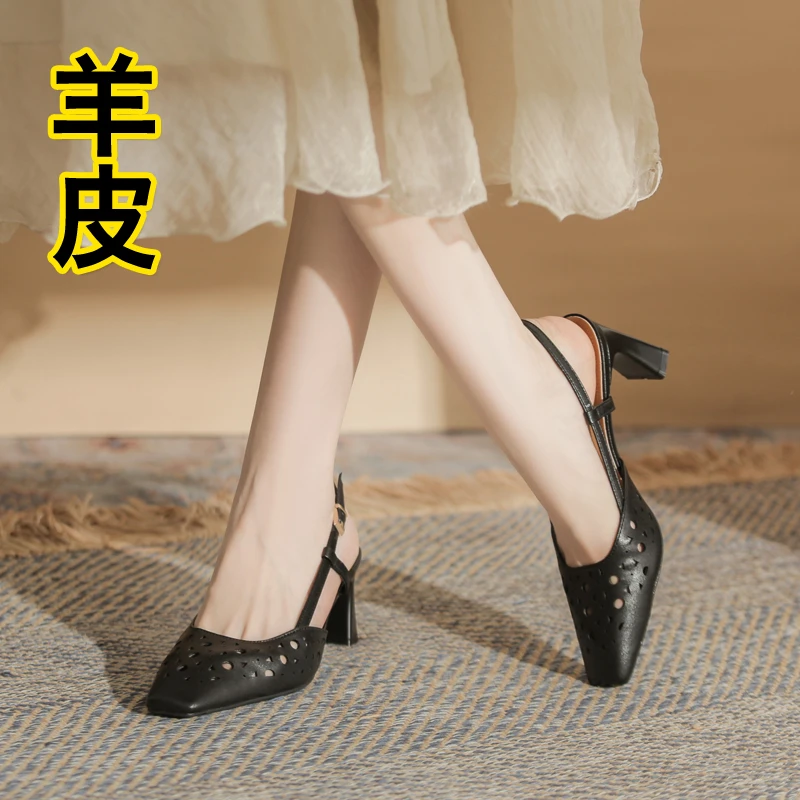 单鞋女2025新款夏季配裙子时装镂空法式一字扣带凉鞋方头高跟凉鞋