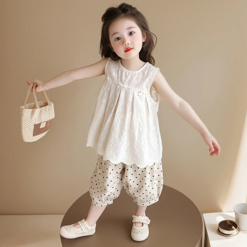 女童夏季套装2025新款女宝宝洋气夏装儿童无袖上衣七分裤子两件套
