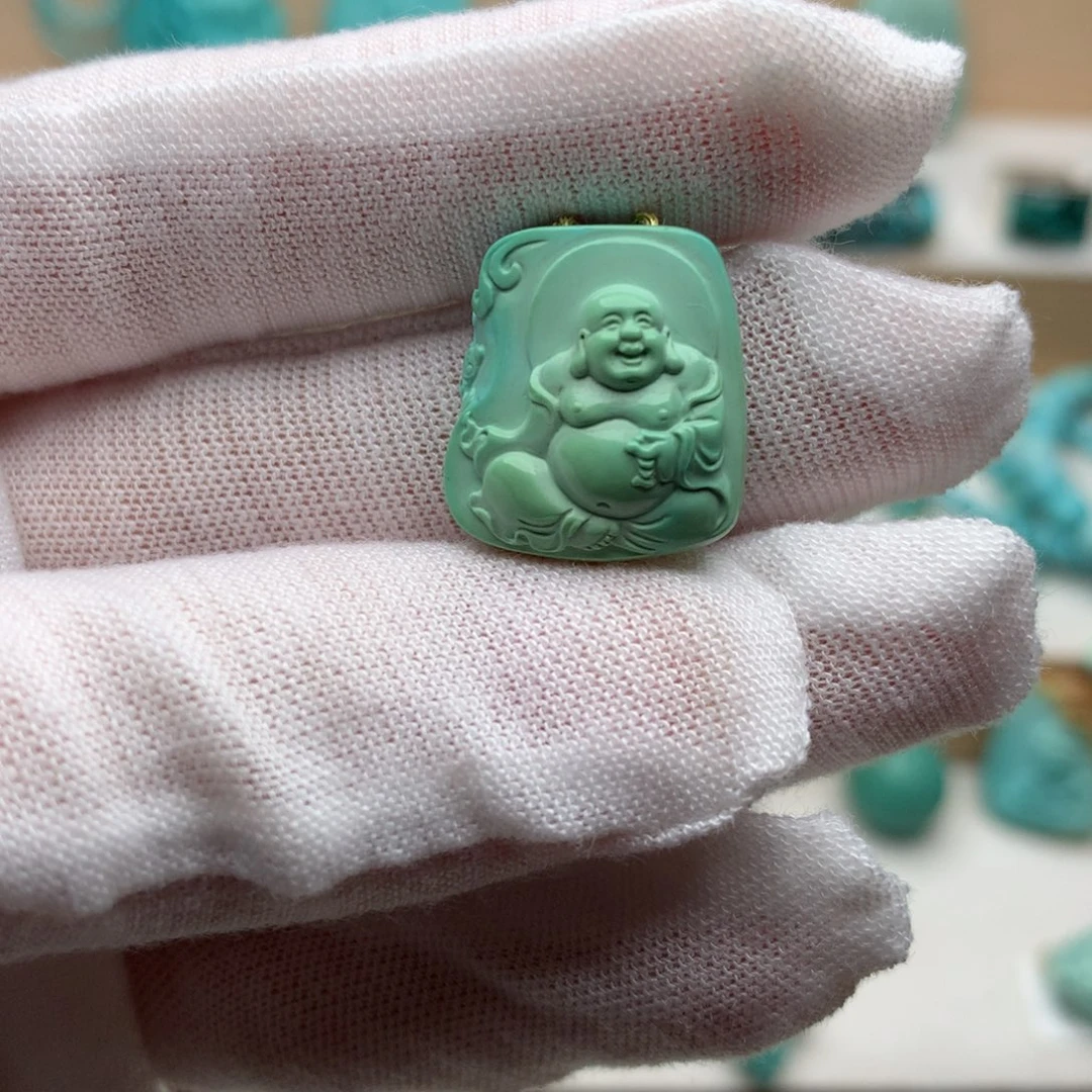 绿松石未镶嵌珠宝奇石菜籽绿弥勒佛16.2*18.1mm