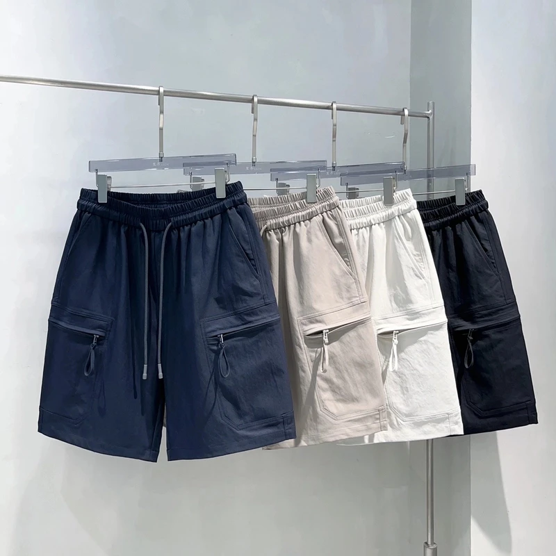 夏季百搭透气工装多口袋拉链松紧腰短裤男时尚潮流简约休闲五分裤