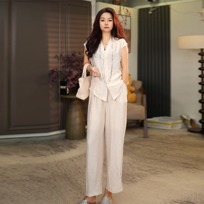 051151新款莱赛尔亚麻套装上衣+裤子气质极简休闲风