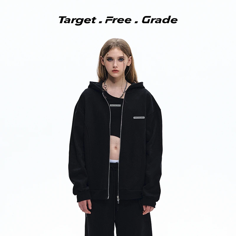 【徐滨同款】TFG美式复古轮廓风连帽质感长袖黑色拉链卫衣外套