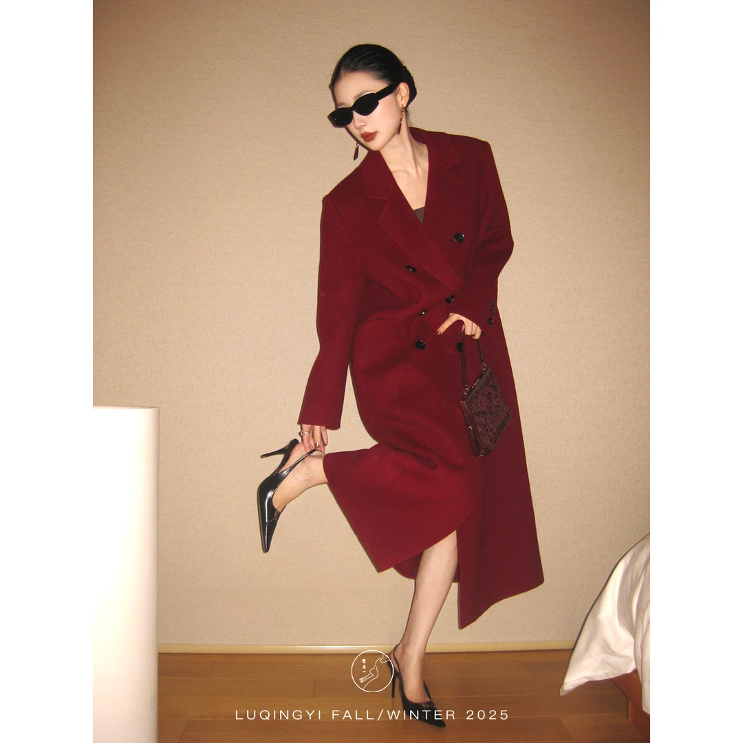 鹭青一原创【江山丽】骆驼绒羊毛经典双排扣毛呢大衣女L25D3333K