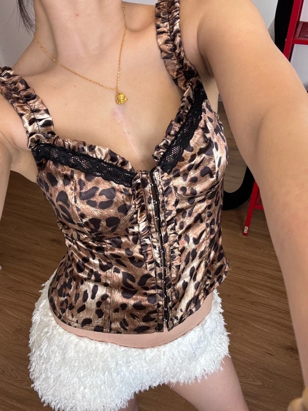 美式性感复古豹纹印花木耳边V领胸型吊带背心辣妹露背收腰上衣