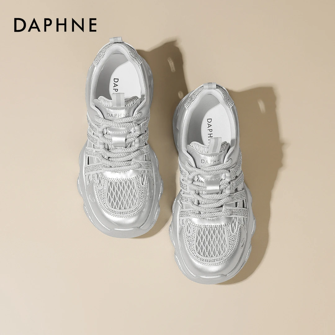 达芙妮新款厚底银色镂空老爹鞋女2025夏季网面透气百搭时尚休闲鞋