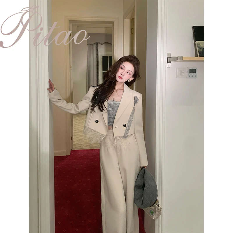 杜屁屁桃PITAO 原创【浮白信笺】气质短款千金风小西装+吊带+裤子