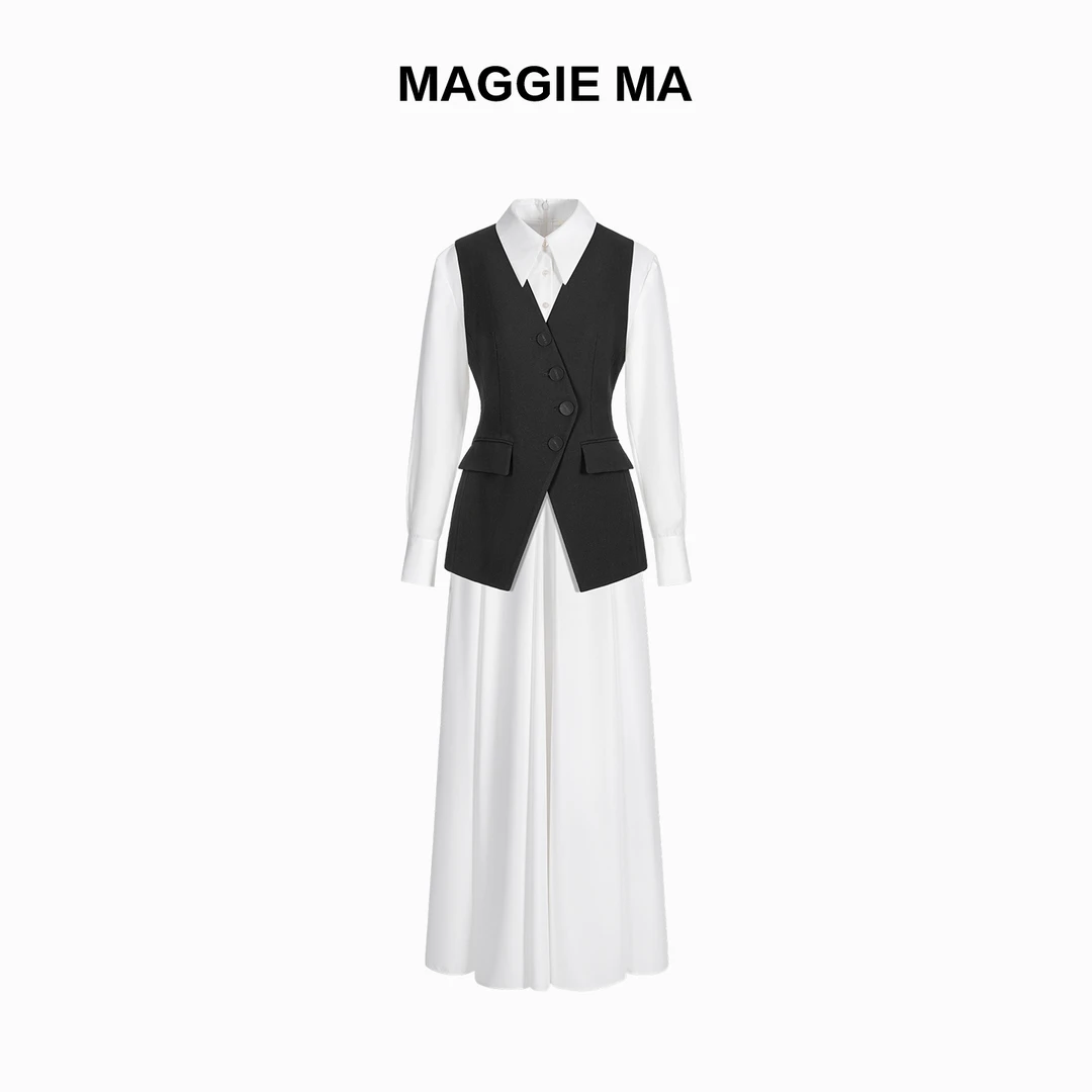 MAGGIE MA马婧设计师款黑色马甲纯净白色连衣裙知性套装544S/543D