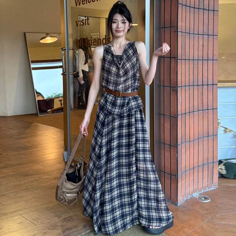 时尚套装女夏季新款藏青色格子百搭荡领背心上衣显瘦高腰半身长裙