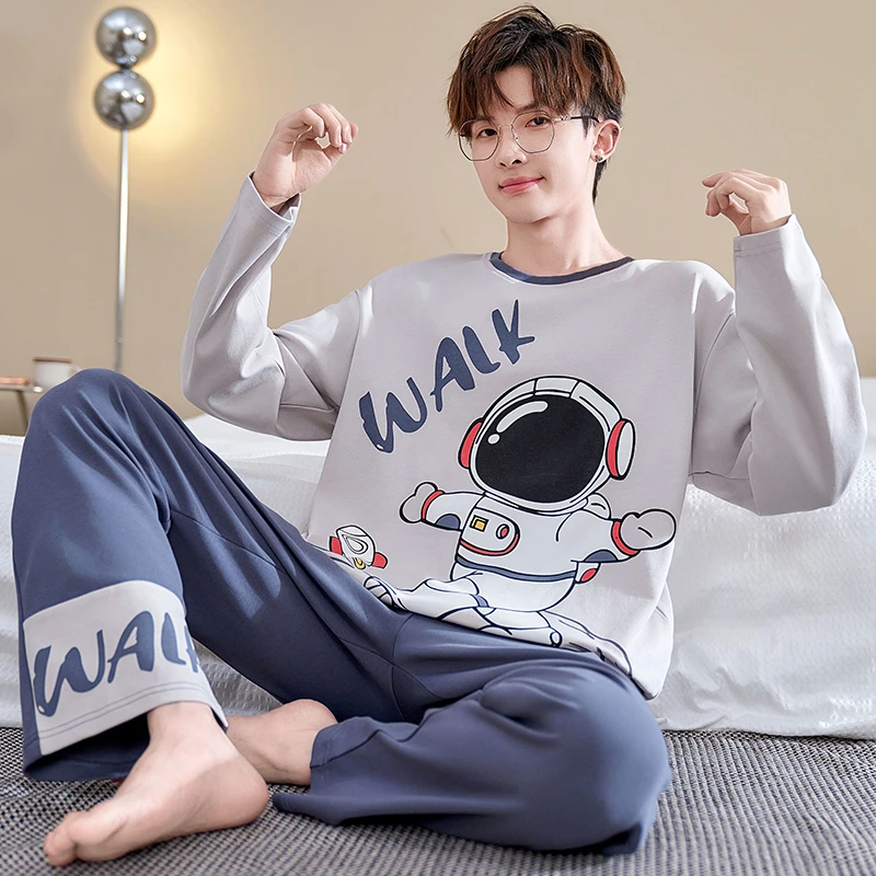 春秋款纯棉男士睡衣男款长袖薄款加大码学生家居服青少年秋季套装