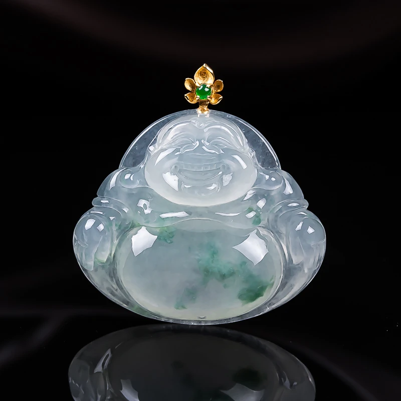 天然缅甸翡翠A货18K金冰飘花佛公 尺寸25-29-6.5mm