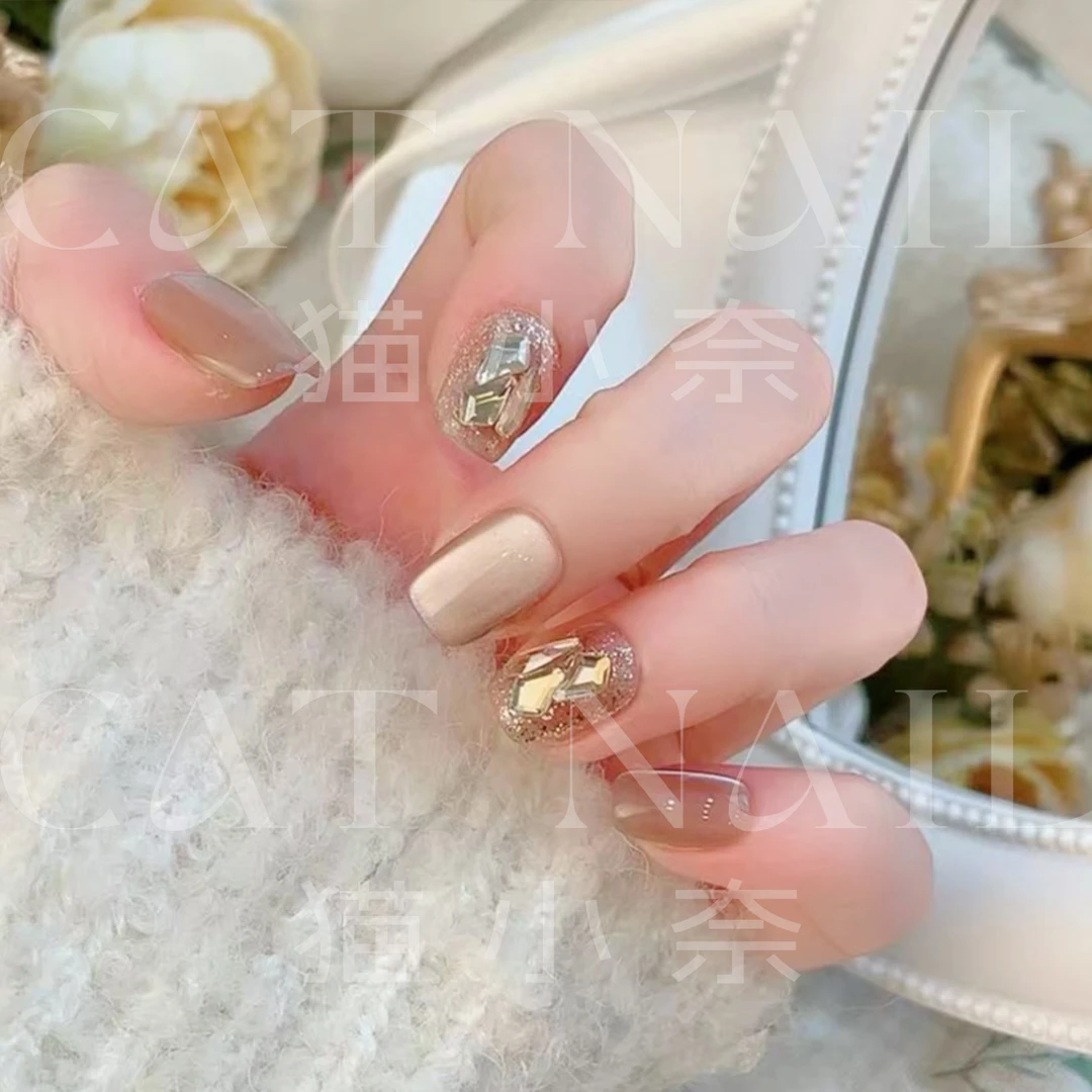 新年战甲【短方】奶茶香槟钻 穿戴甲满钻美甲贴片可拆卸24片装