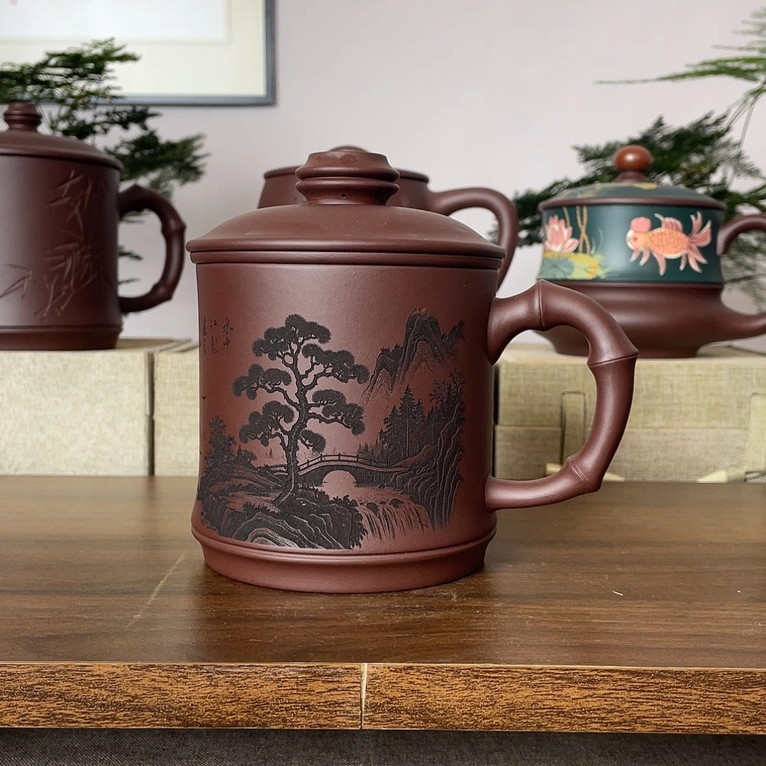 茶杯紫砂山水刻绘三件套500cc
