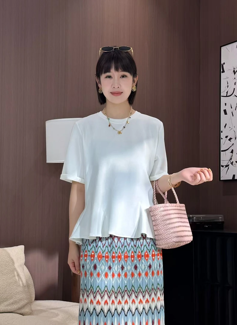 方和屿.不规则短袖荷叶边T恤女夏季新款显瘦圆领t恤上衣潮1162