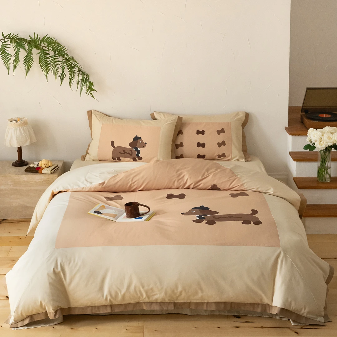 秋冬暖意奶茶咖全棉50支双股磨毛印花四件套保暖裸睡被套床单床笠