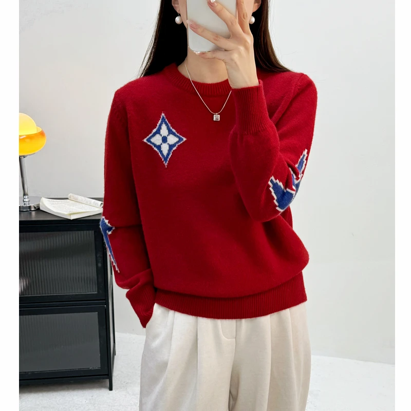 四叶红色秋冬新款针织套头宽松百搭羊毛衫b12281
