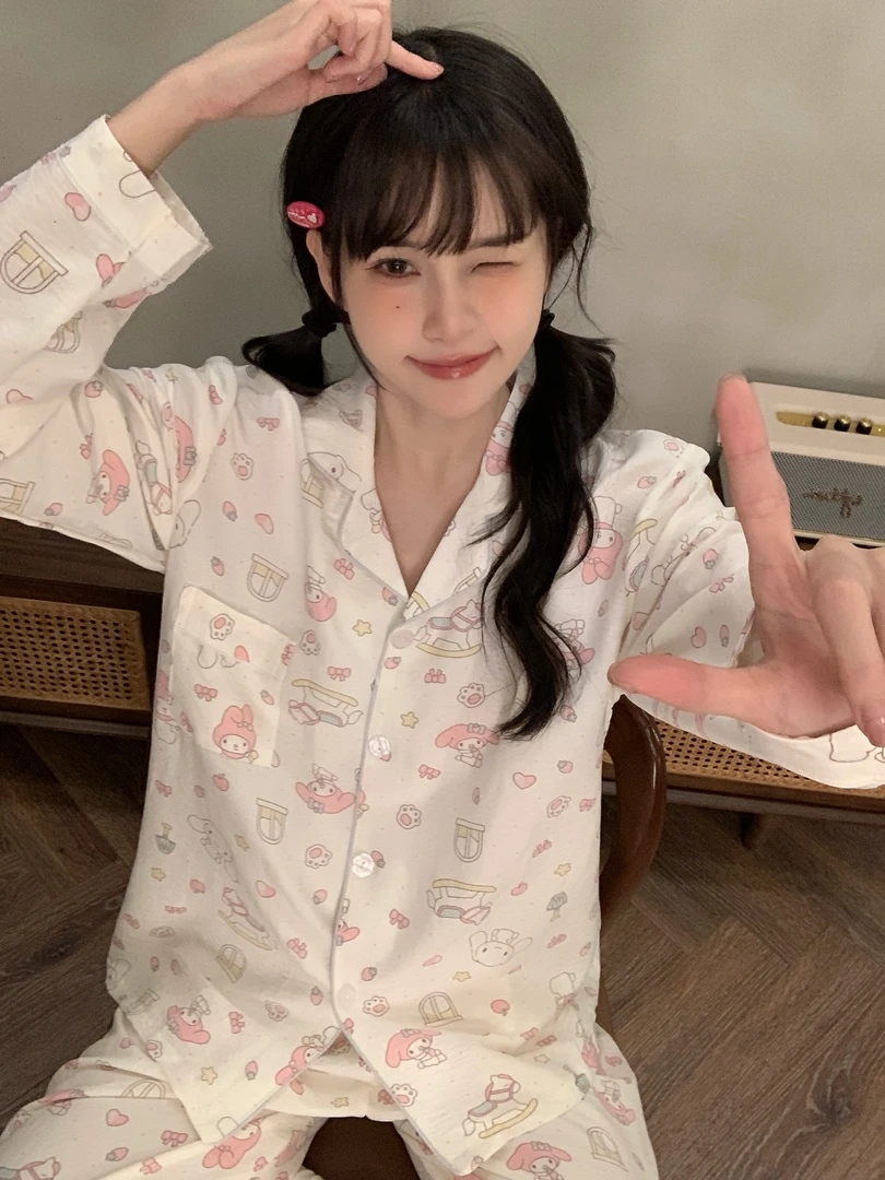 日系甜美可爱卡通玉桂狗印花睡衣女春秋新款少女长袖长裤家居服