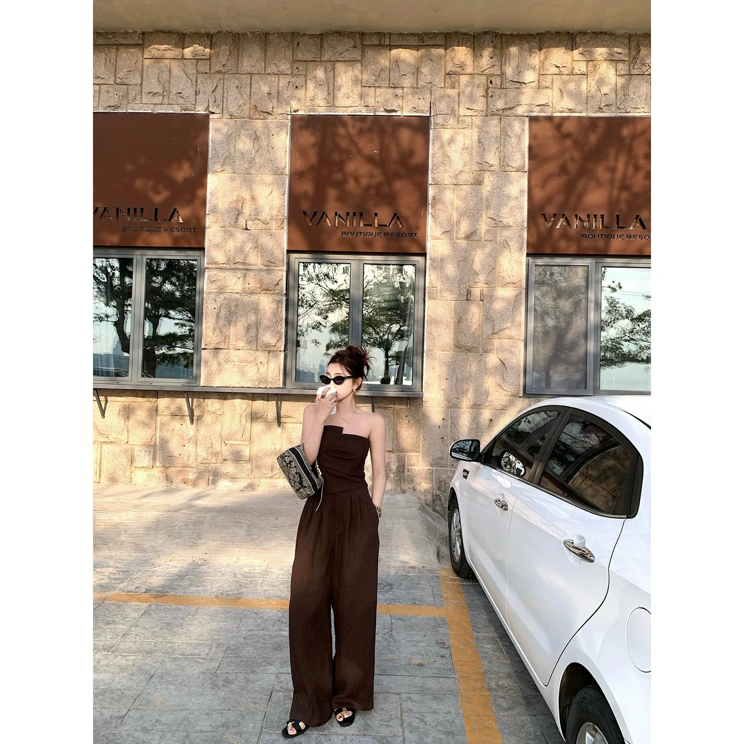 一字肩抹胸不规则背心高腰宽松阔腿裤两件套装显瘦气质性感休闲