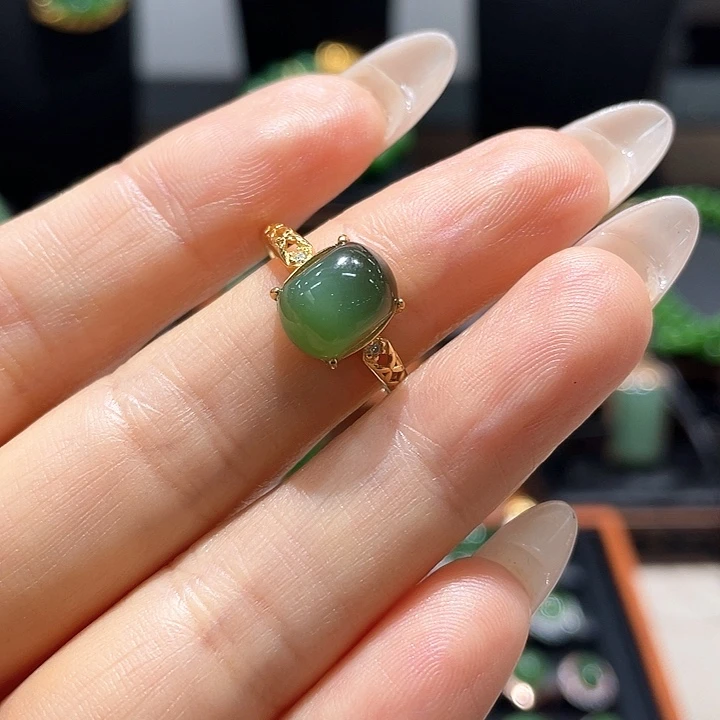 和田玉（碧玉）银S925镀金镶嵌戒指