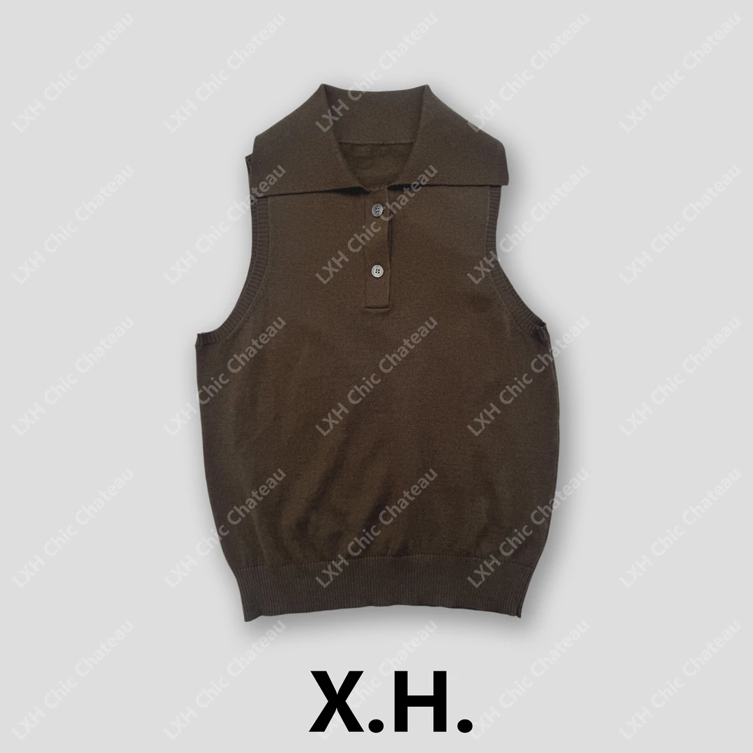 【刘小黑】春夏老钱气质翻领无袖针织polo背心