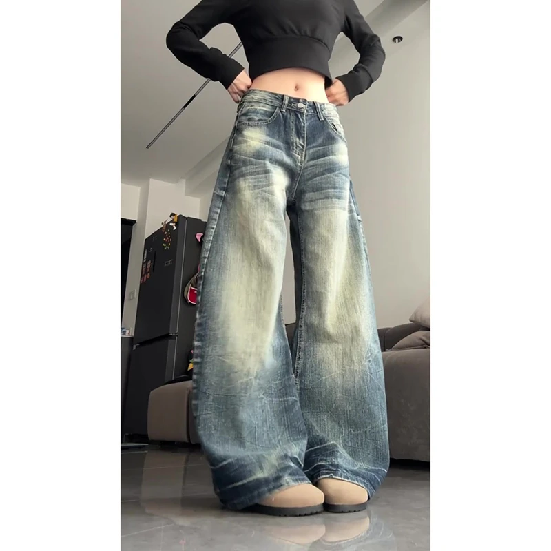 美式复古做旧弯刀牛仔裤女秋季高街设计感宽松显瘦阔腿拖地长裤子