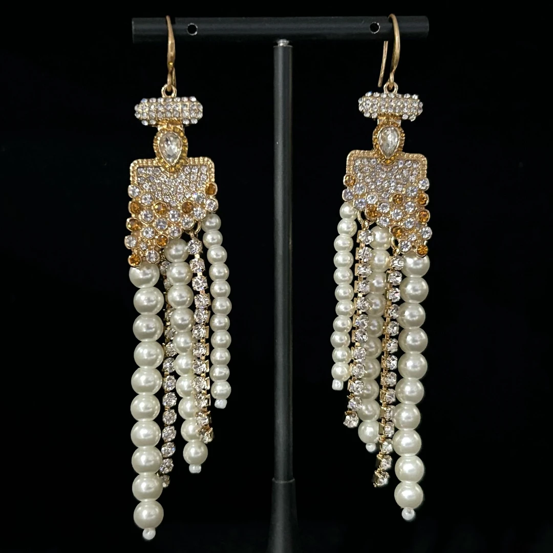 铜合金仿珍珠耳饰 4613西洋中古风 vintage复古白色珠珠流苏耳钩