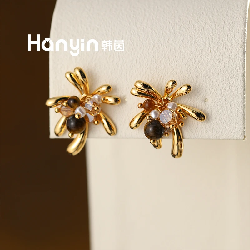 925银针简约大气中古椭圆木变石虎眼石绽放烟花珠珠耳钉