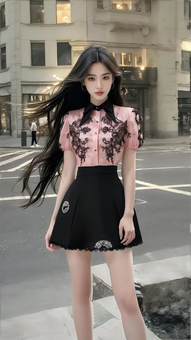 2025夏季新款粉色刺绣衬衫短袖上衣+黑色显瘦百搭半身裙女两件套