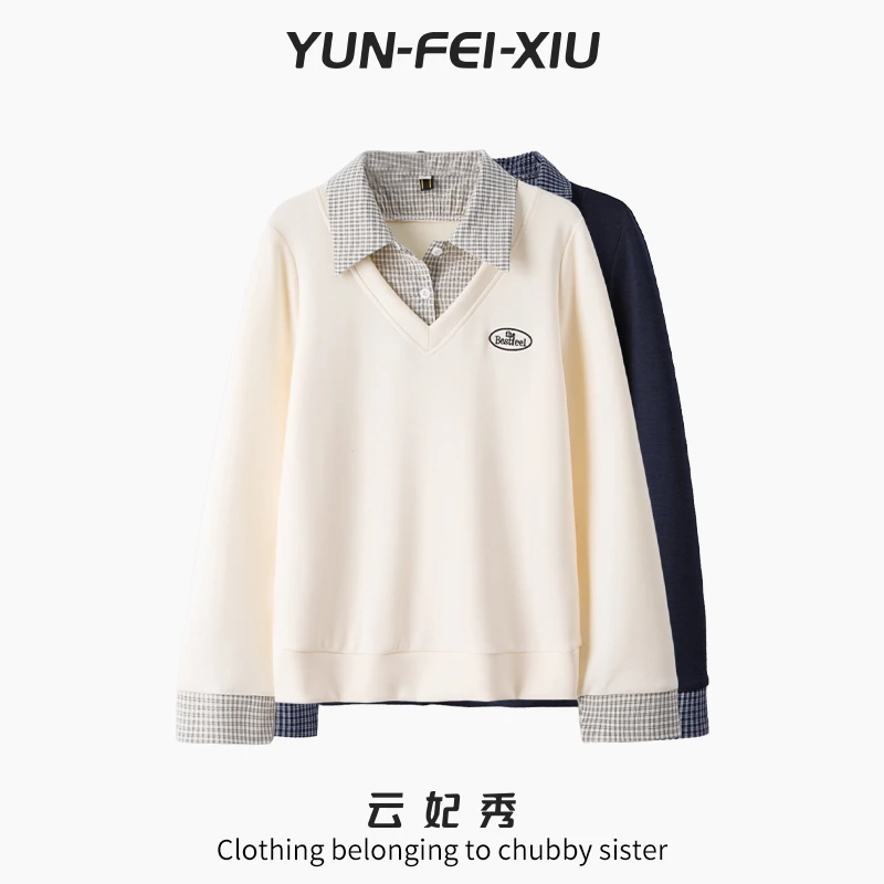云妃秀大码女装卫衣时尚休闲宽松显瘦百搭假两件上衣秋季64058
