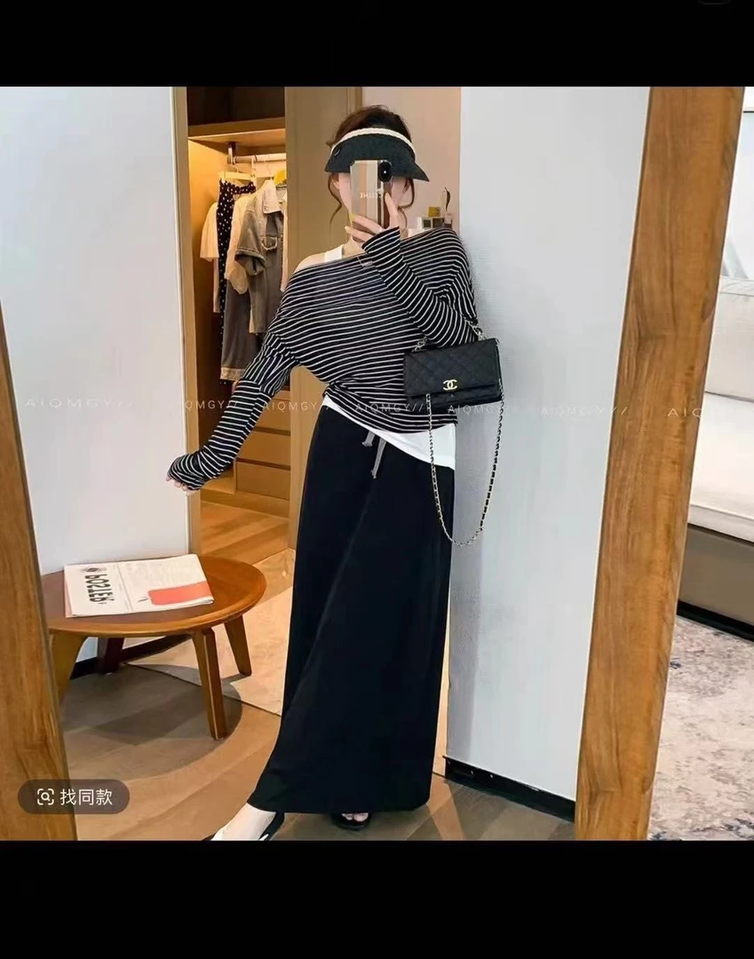 大码女装早秋新款条纹斜肩长袖 T恤背心松紧腰半身裙套装