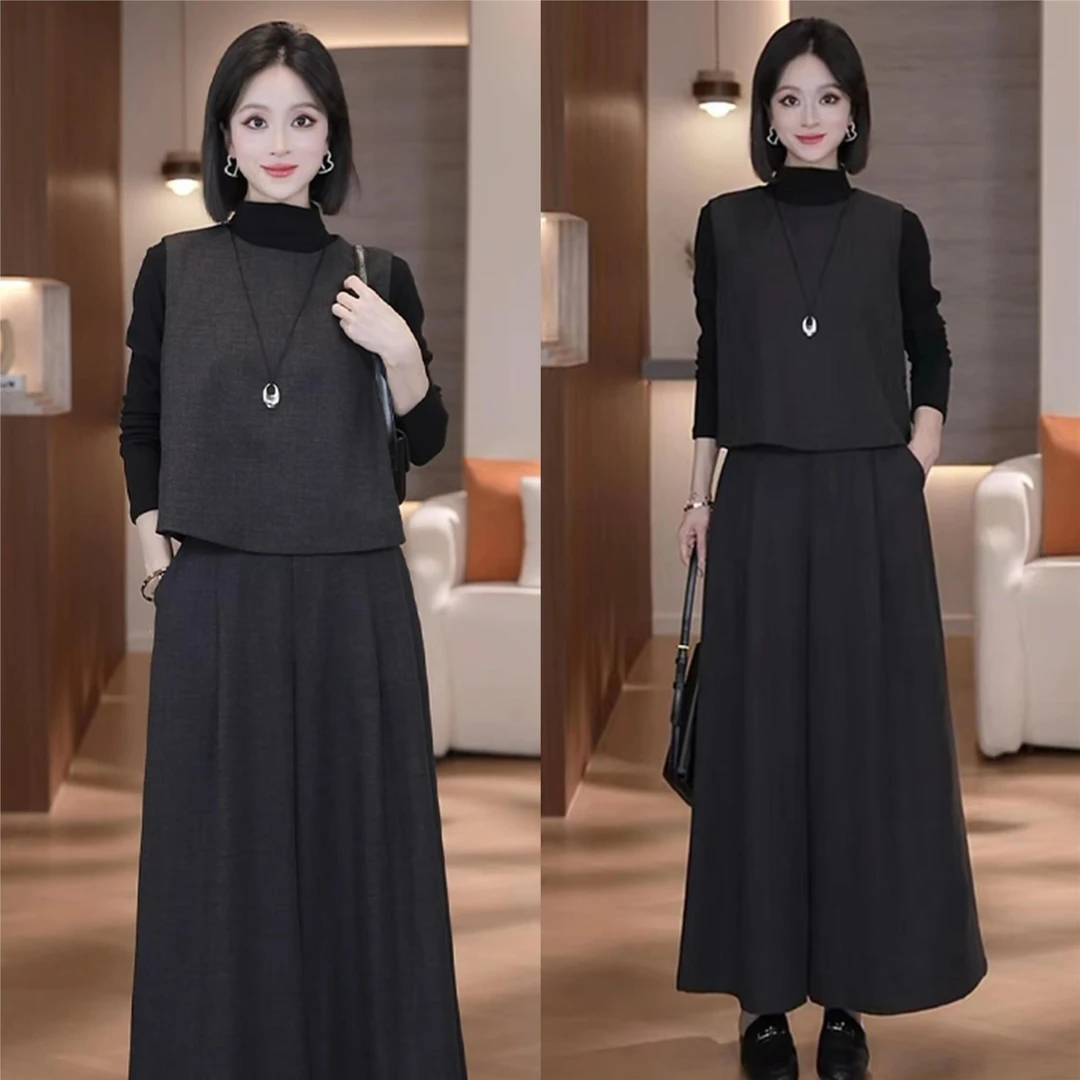 时尚套装女2025春秋新款时髦洋气宽松马甲长袖打底衫阔腿裤三件套