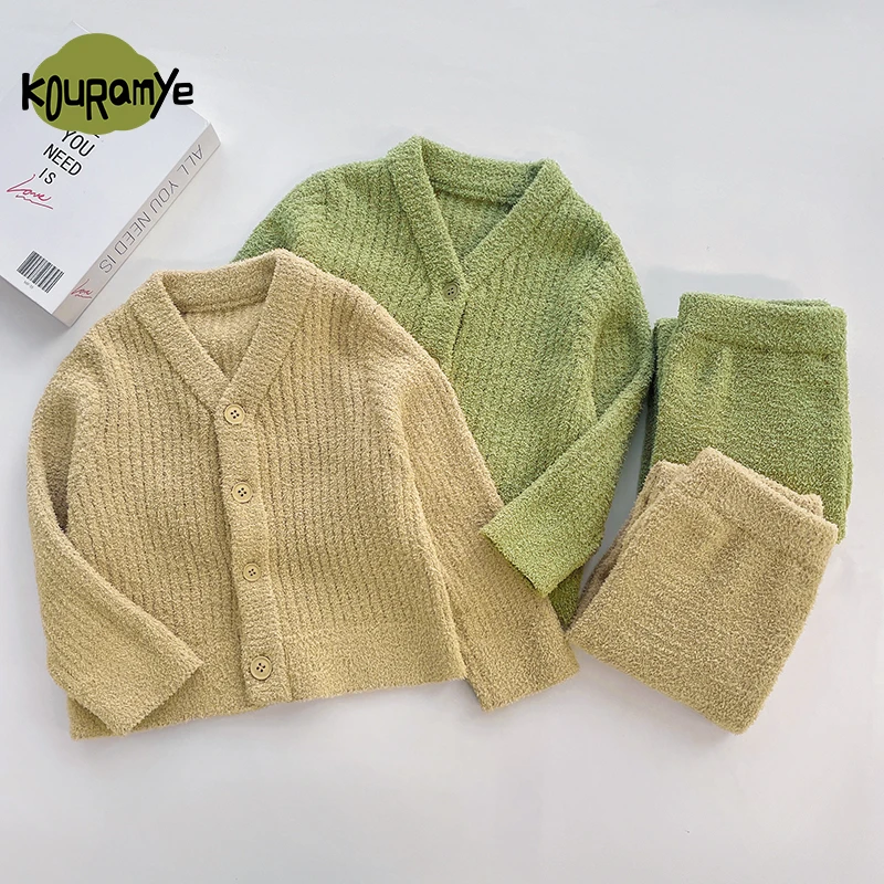 米巴布秋冬儿童新款软绵绵中小男女童舒适简约坑条家居套装9017