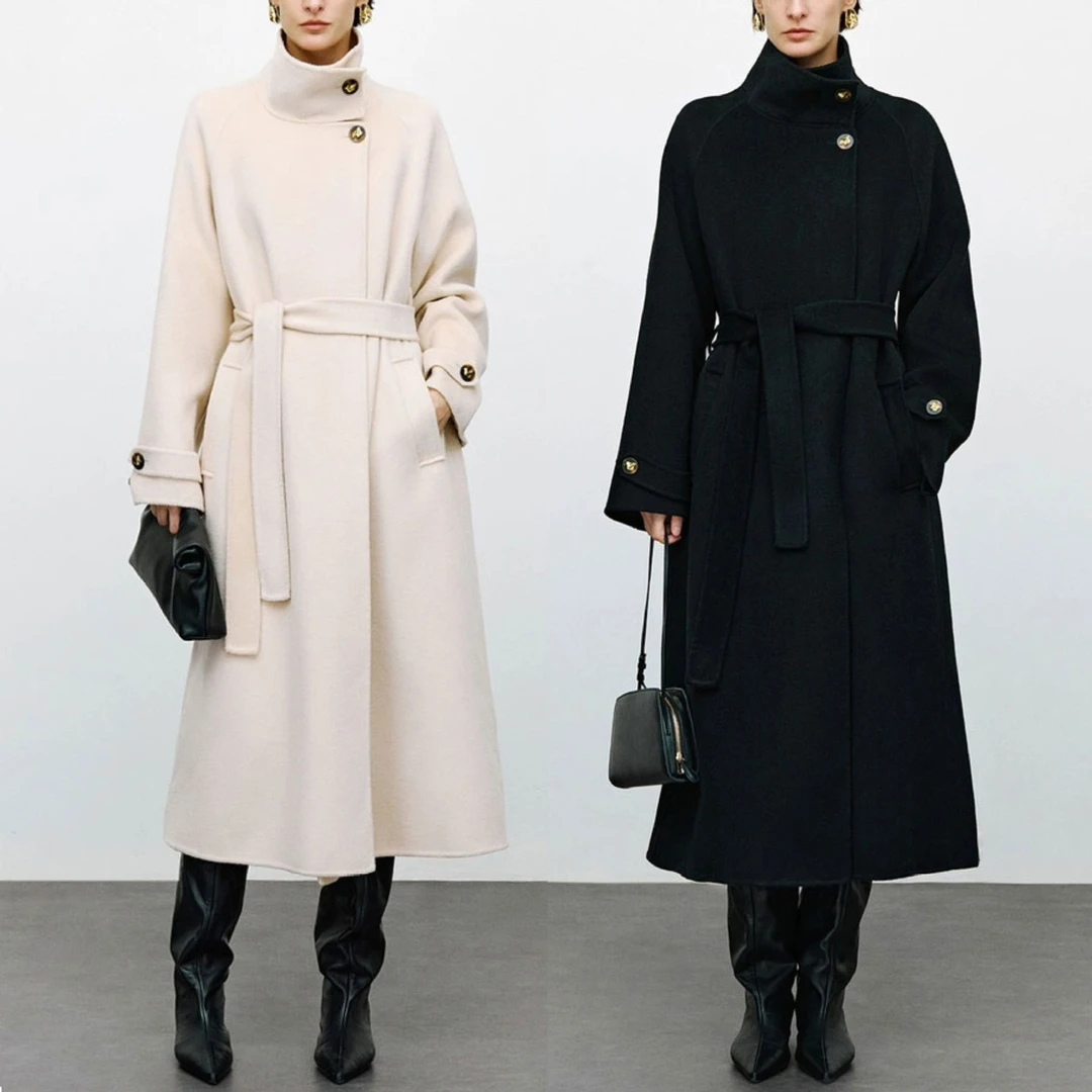 25冬季新款立领双面羊毛大衣女系带中长款收腰过膝毛呢外套25595