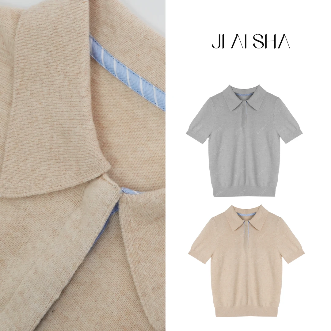 JAS 今屿夏季意式纯色复古翻领扣子绵羊毛短袖 JAS-LG-2571