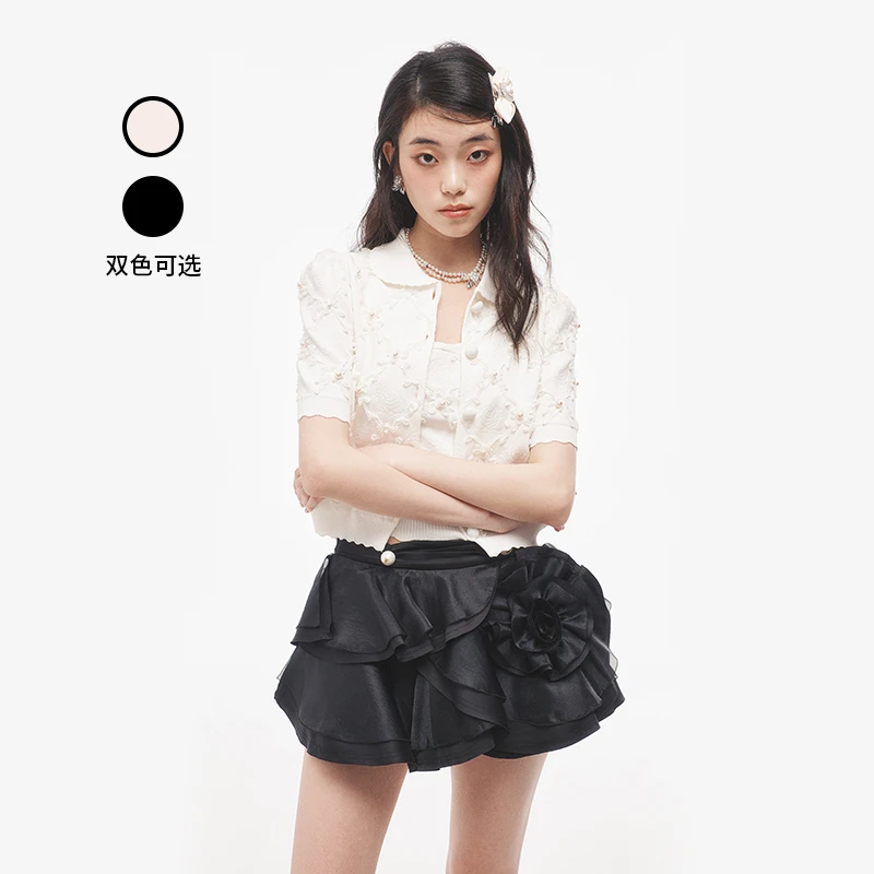 LE FAME/拉飞姆2025夏季新款波嬉风绣花短袖针织外套FF25X31ZM215