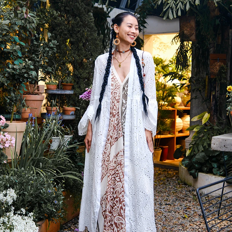 白色镂空长款长袖配吊带裙外搭防晒开衫雪纺衫旅游度假风沙滩防晒