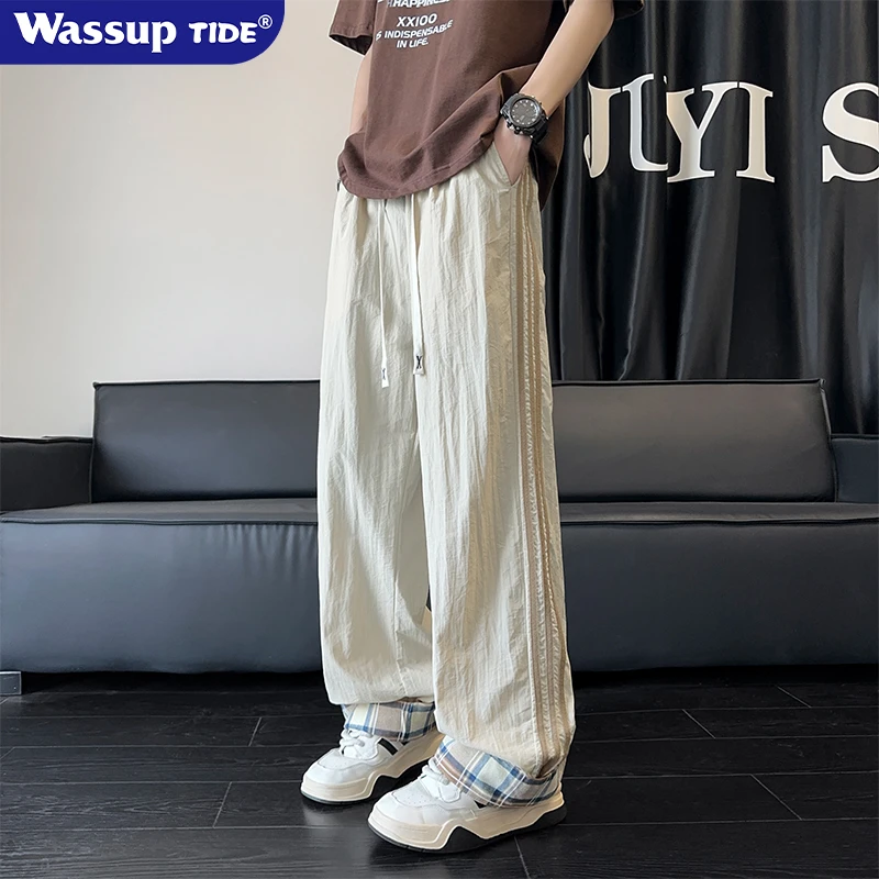 WassupTide美式条纹速干工装裤男夏季薄款拼接撞色宽松大码休闲裤