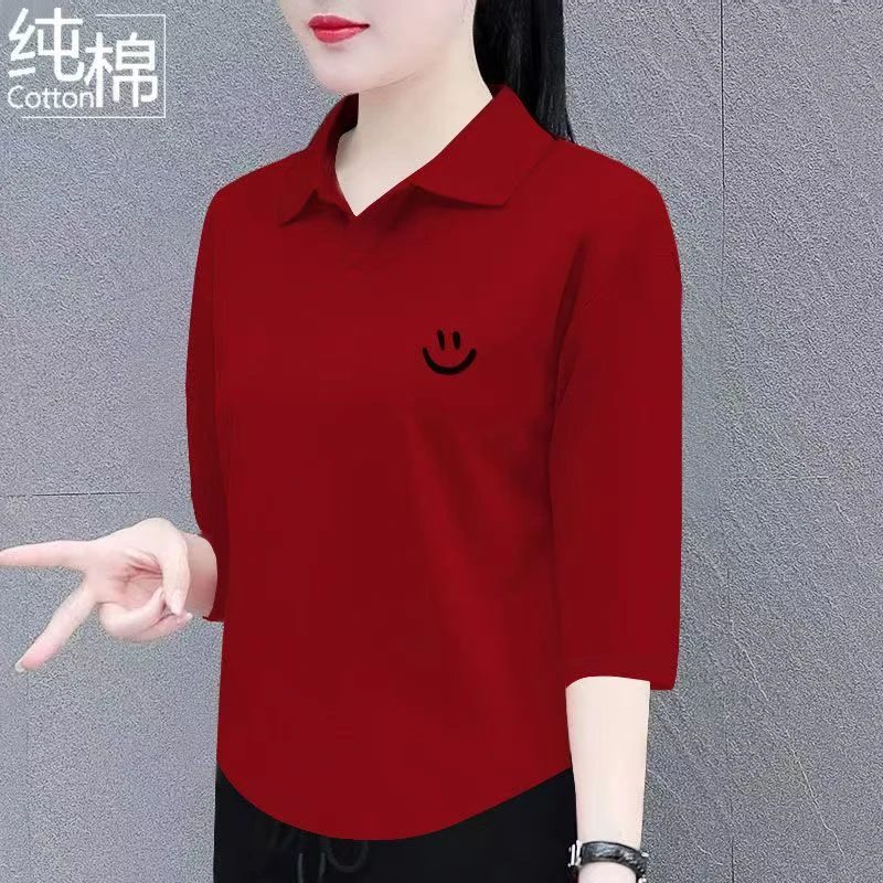 纯棉七分袖t恤女夏季新款翻领百搭宽松显瘦时尚洋polo领上衣