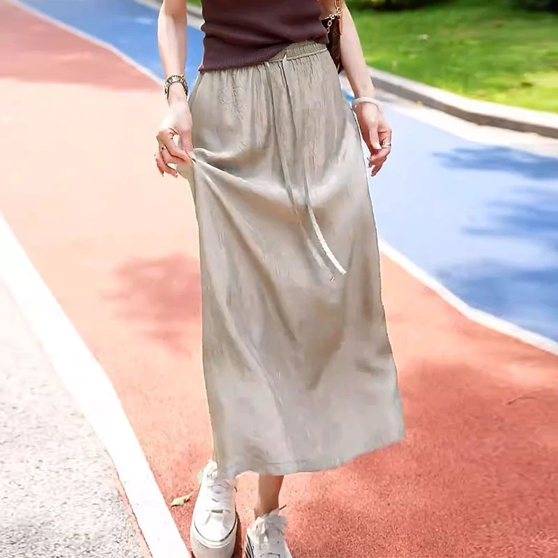 醋酸缎面高级感半身裙女2025夏季新款高腰垂感小个子直筒a字长裙