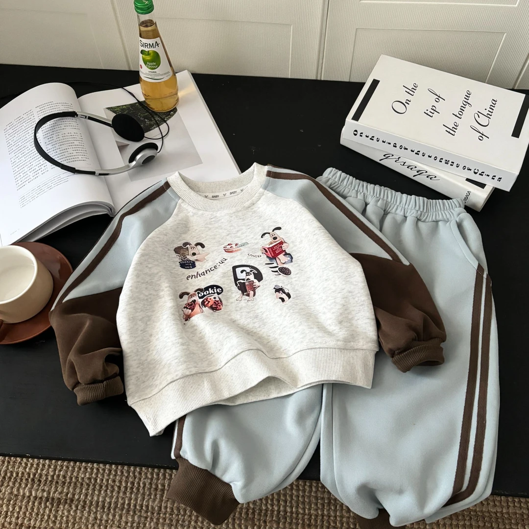 儿童秋季棉质卫衣套装休闲韩版撞色中小童洋气俩件套男女童卡通
