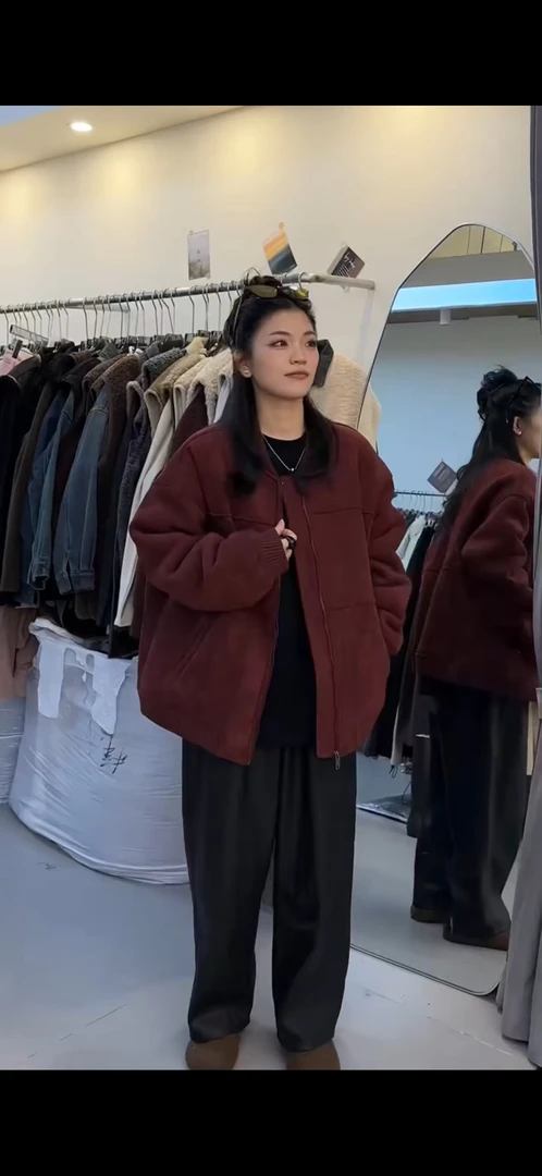 美拉德穿搭 磨砂纹环葆皮 宽松复古休闲棒球外套