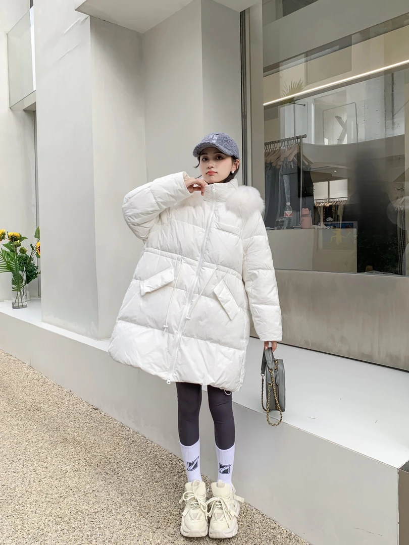 秋冬休闲大毛领白色女长款显瘦遮肉纯色中长款女士羽绒服86523