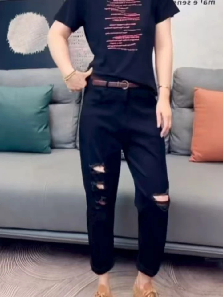 时尚休闲裤子夏季气质极简风百搭轻奢薄款韩版哈伦裤牛仔2025