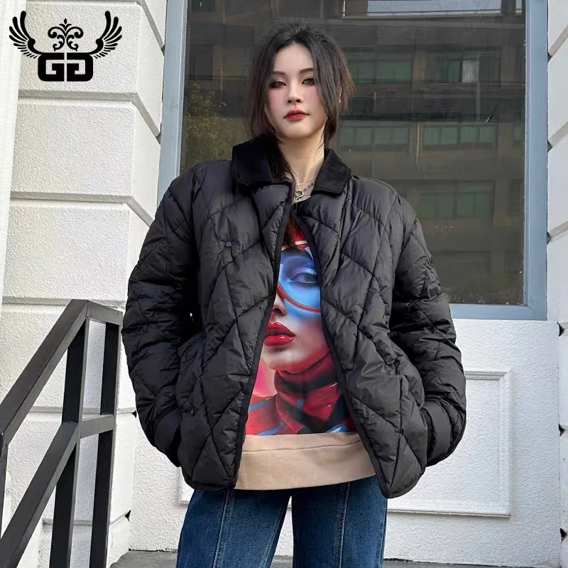 欧货女装潮牌GG设计感菱形格纹翻领时尚保暖白鸭羽绒外套