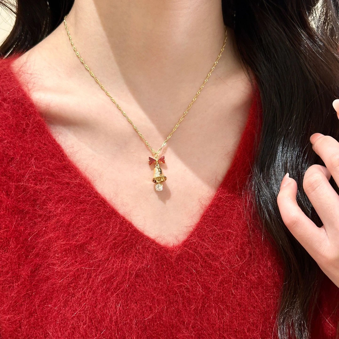 铜合金项链 爆闪圣诞节蝴蝶结铃铛项链轻奢气质高级感秋冬毛衣链