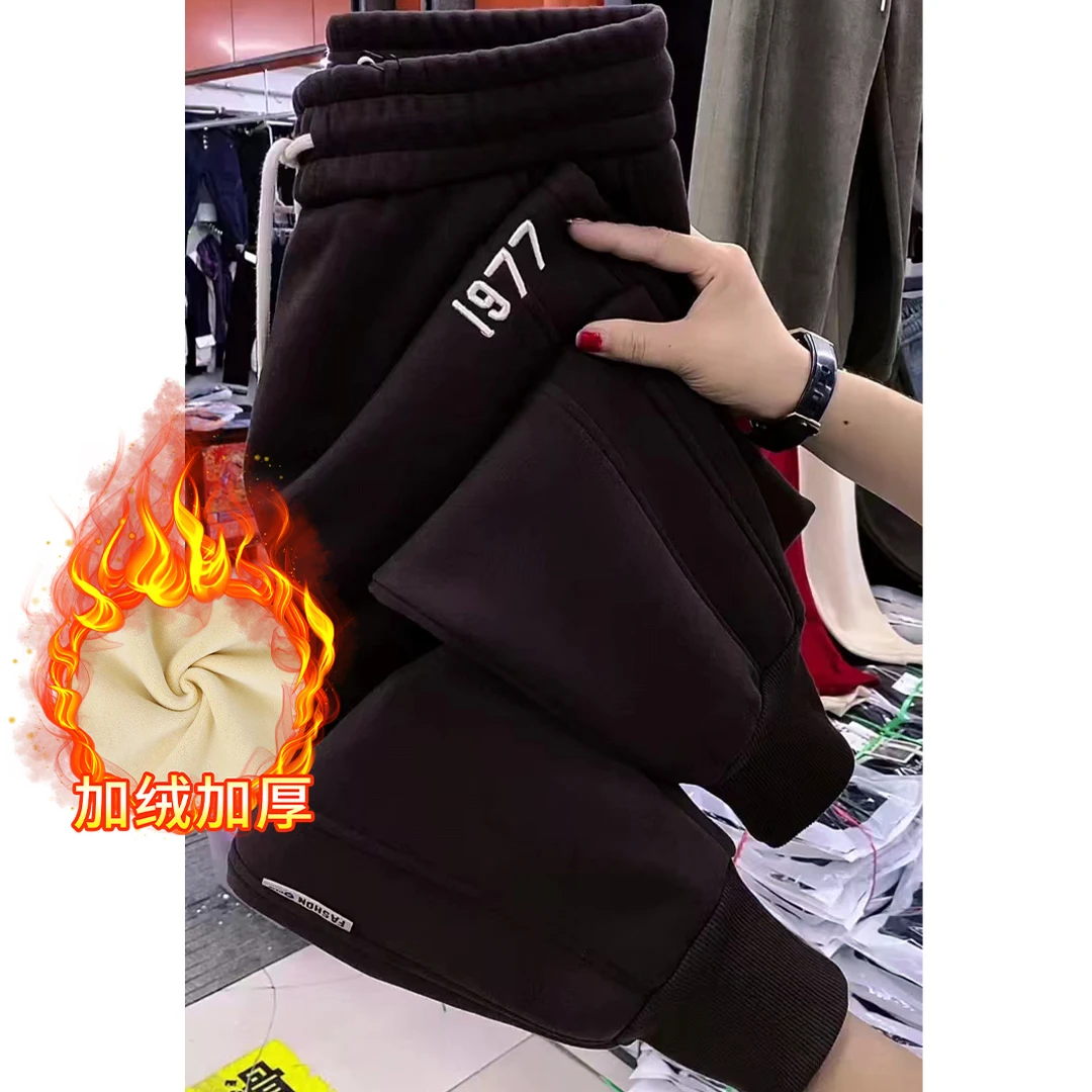 冬季2025新款加绒保暖束脚哈伦裤女拼接刺绣休闲裤加厚宝宝绒卫裤