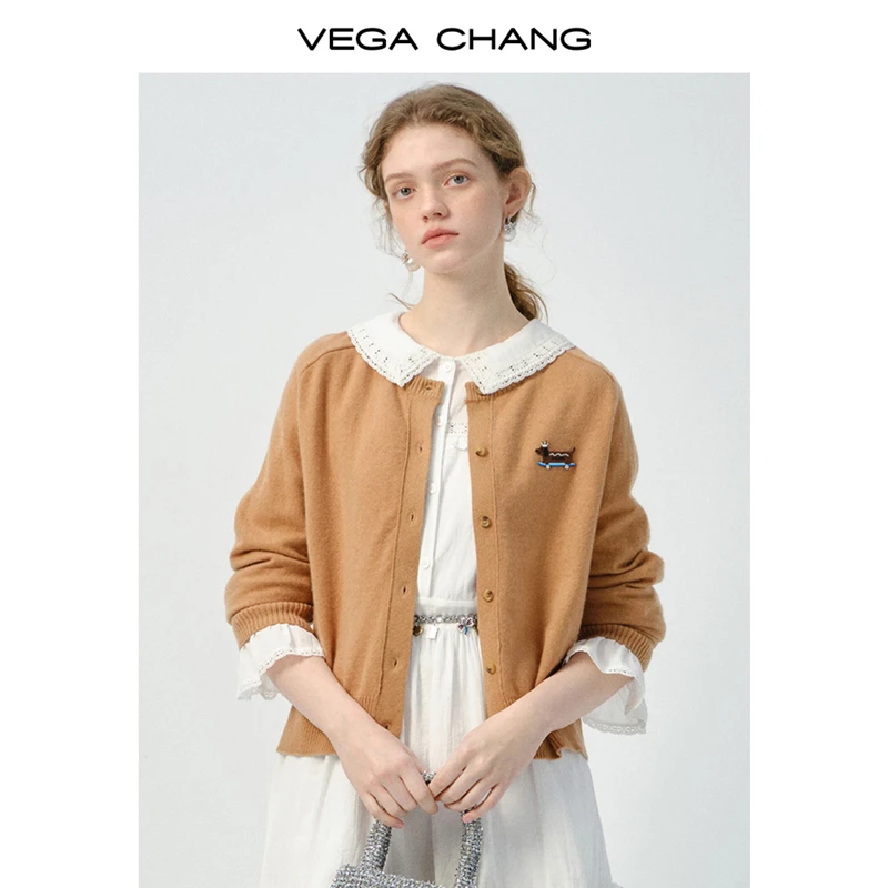 VEGA CHANG刺绣针织衫2025春季款简约小狗长袖圆领开衫0379SQ