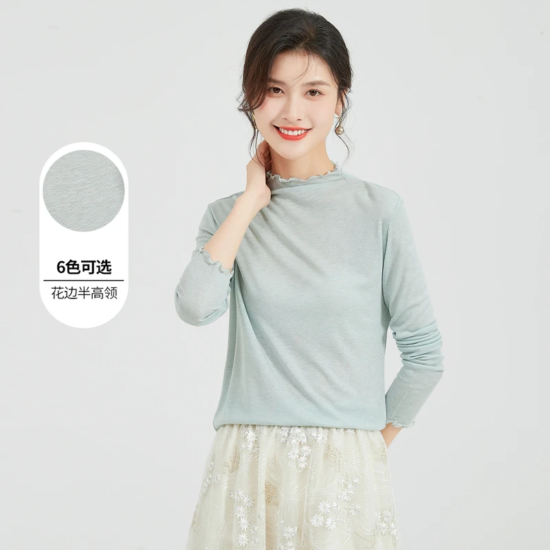 高级感短T美拉德打底花边半高领含桑蚕丝针织衫W8382099