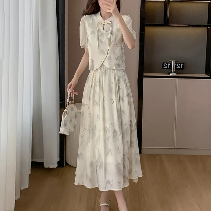 新中式盘扣雪纺衫时尚套装女夏装2025年夏季新款上衣长裙子两件套