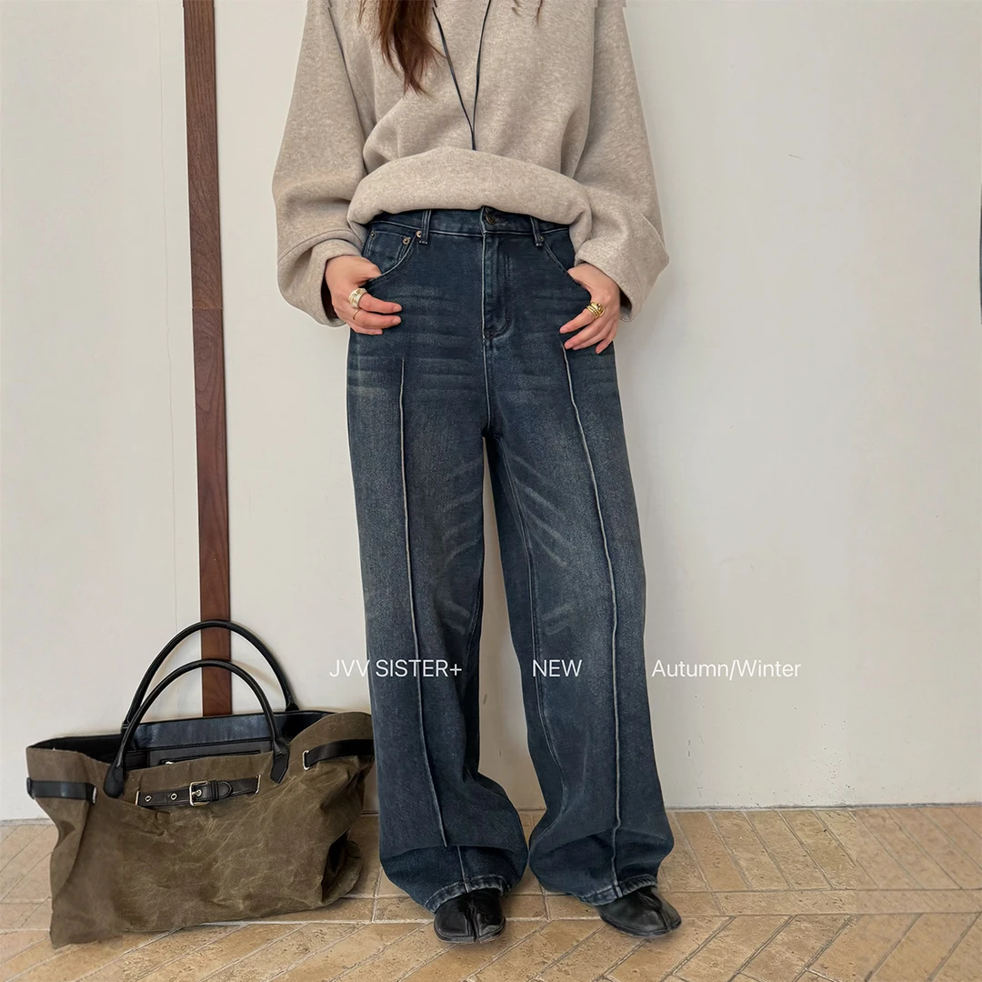 JVV十三行2025冬季新款手工猫须高级感复古做旧洗水牛仔裤女71368